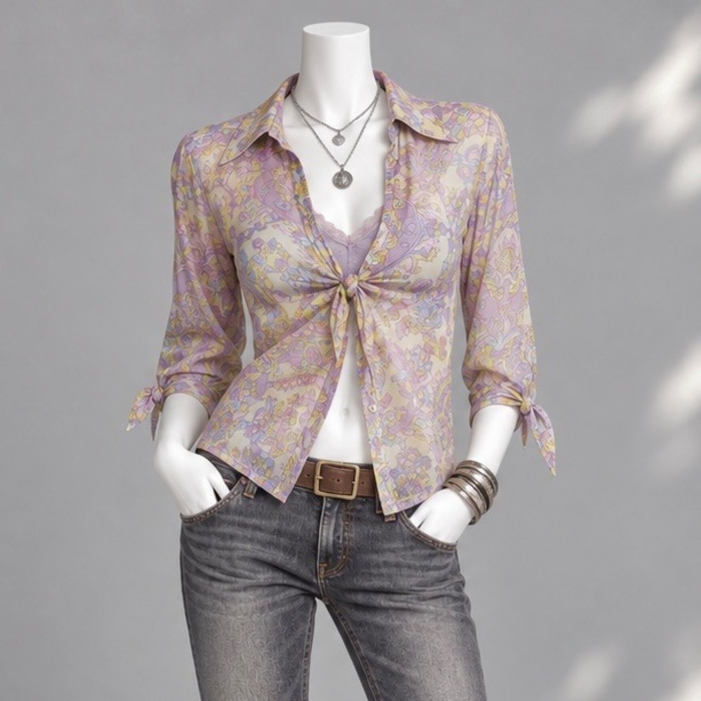 ICE Y2K Silk Fairy Top L Lilac Green Floral SHEER Tie Front Boho Blouse